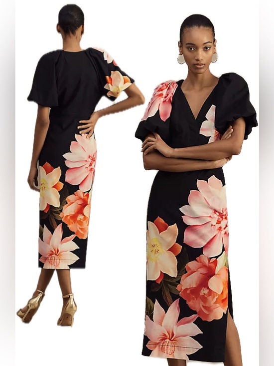 BHLDN Dresses & Skirts - NWT Anthropologie BHLDN V Neck Puff Sleeve Floral Midi Dress with Sublte Stretch